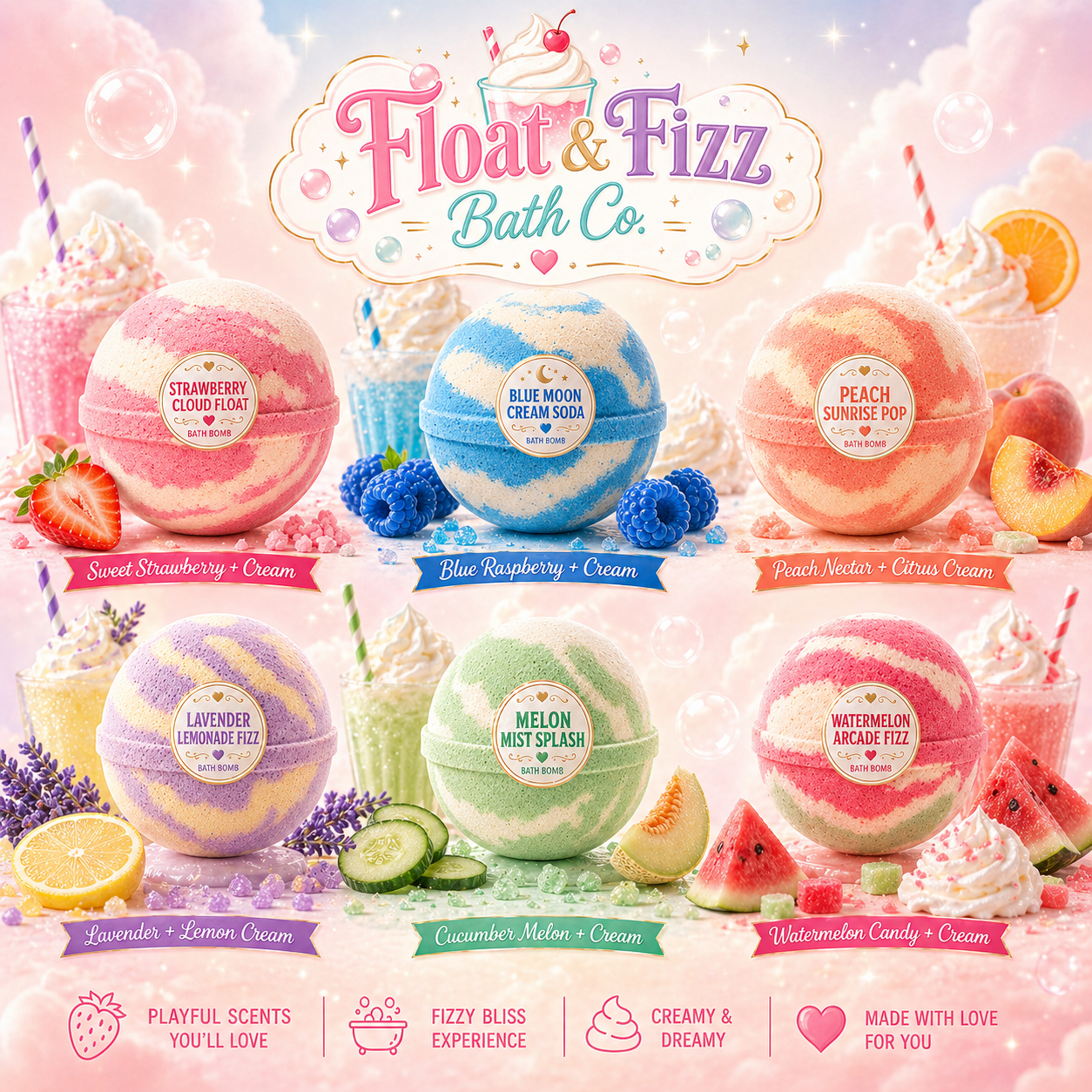 Float & Fizz Bath Bomb Collection | Soda Shop Inspired Handmade Fizzy Bath Bombs | Sweet Bath Treat Gifts