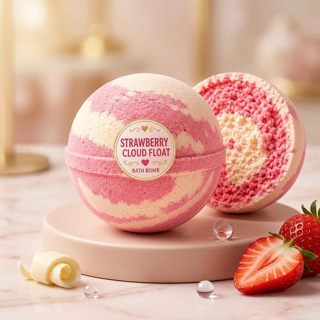 Strawberry Cloud Float Bath Bomb | Strawberry Cream Scented Fizzy Bath Bomb | Pink Handmade Bath Treat Gift