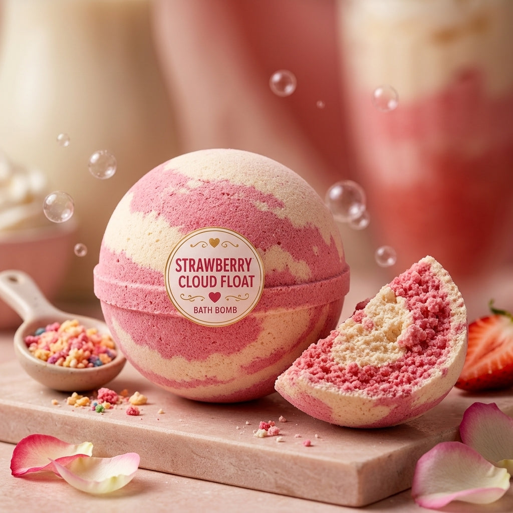 Strawberry Cloud Float Bath Bomb | Strawberry Cream Scented Fizzy Bath Bomb | Pink Handmade Bath Treat Gift