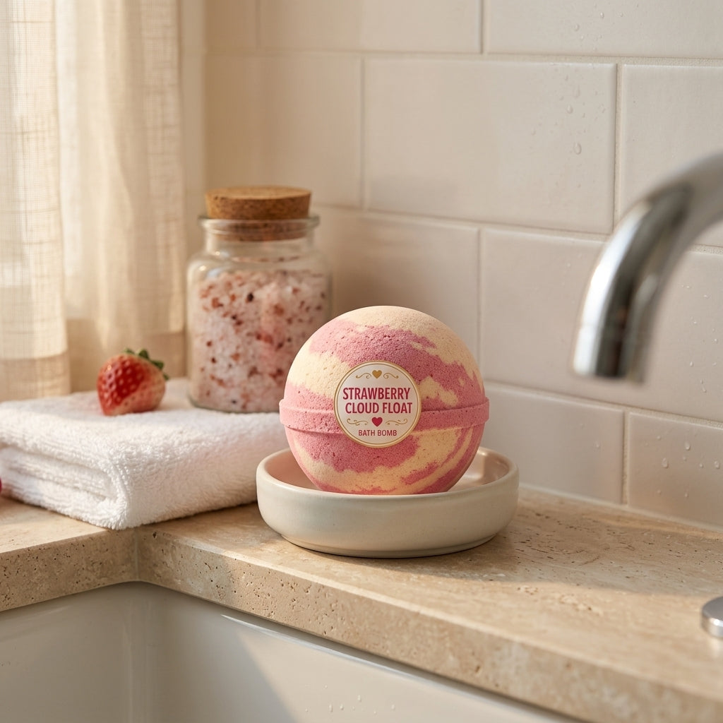 Strawberry Cloud Float Bath Bomb | Strawberry Cream Scented Fizzy Bath Bomb | Pink Handmade Bath Treat Gift