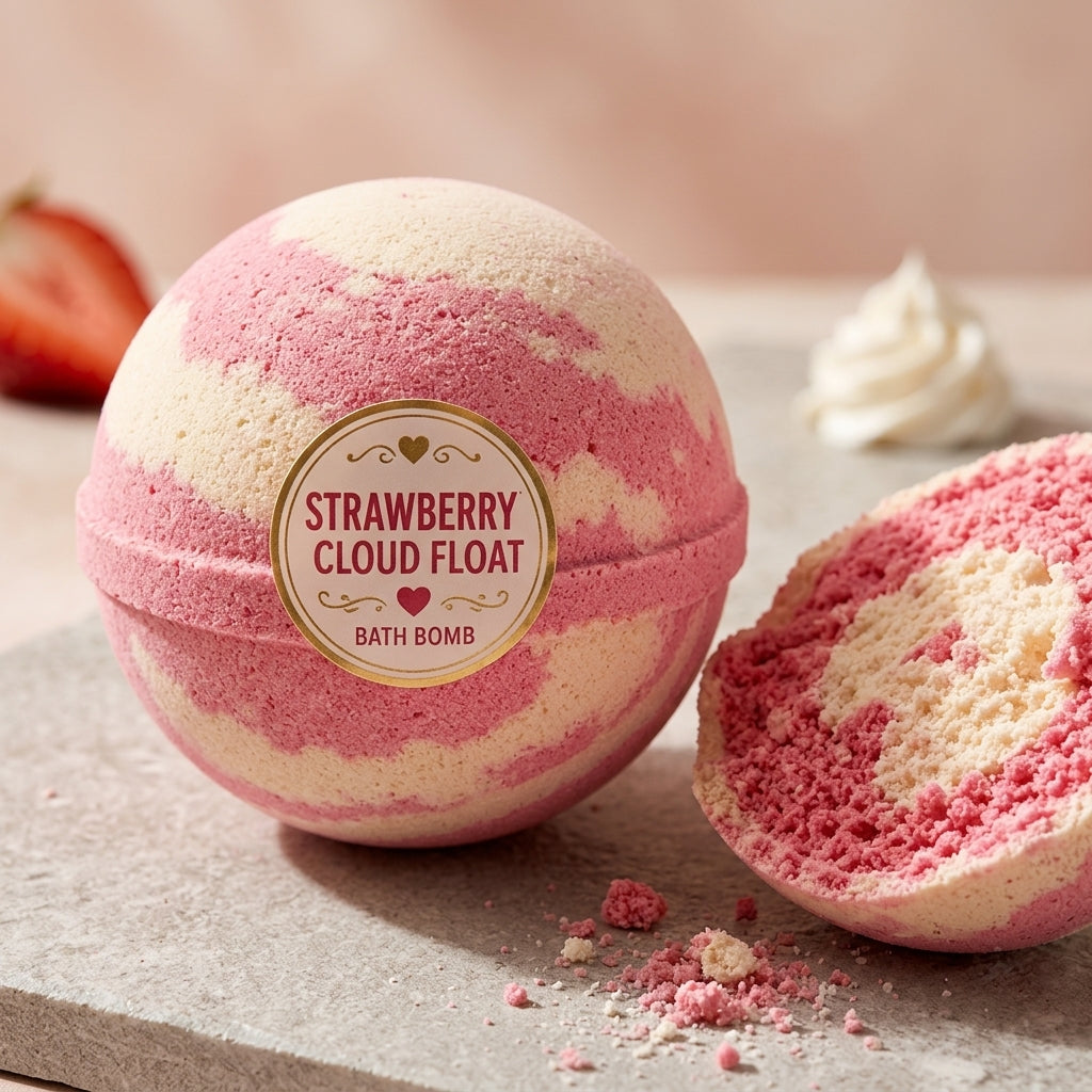 Strawberry Cloud Float Bath Bomb | Strawberry Cream Scented Fizzy Bath Bomb | Pink Handmade Bath Treat Gift