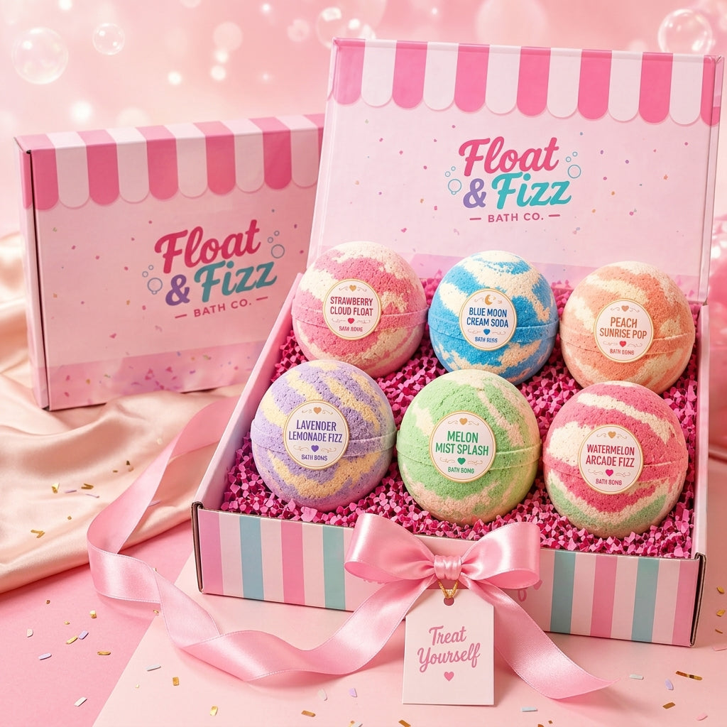 Bath Bomb Gift Set | 6 Pack Handmade Fizzy Bath Bombs | Soda Shop Scented Self Care Gift Box