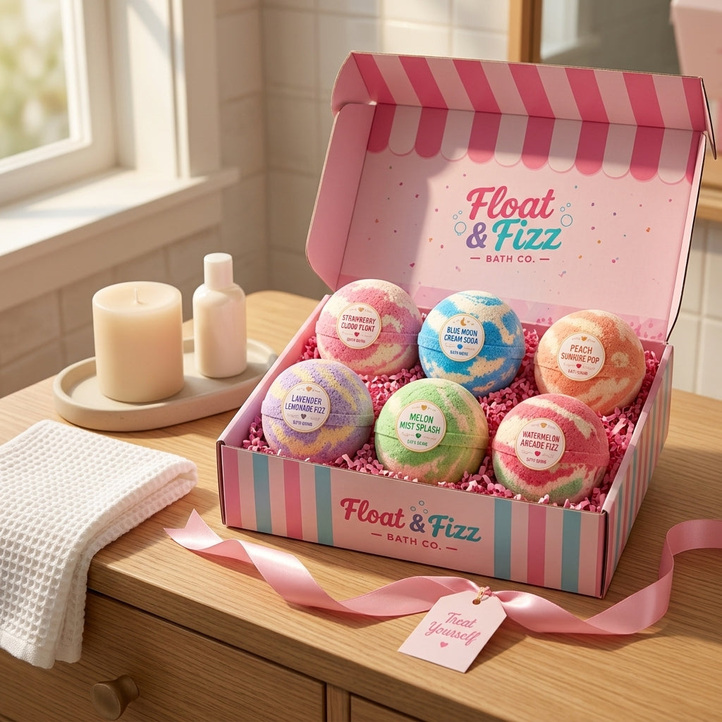 Bath Bomb Gift Set | 6 Pack Handmade Fizzy Bath Bombs | Soda Shop Scented Self Care Gift Box