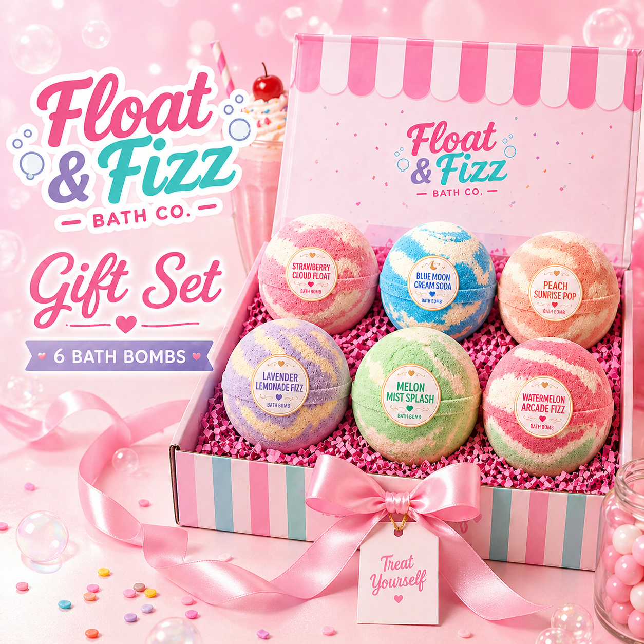Bath Bomb Gift Set | 6 Pack Handmade Fizzy Bath Bombs | Soda Shop Scented Self Care Gift Box