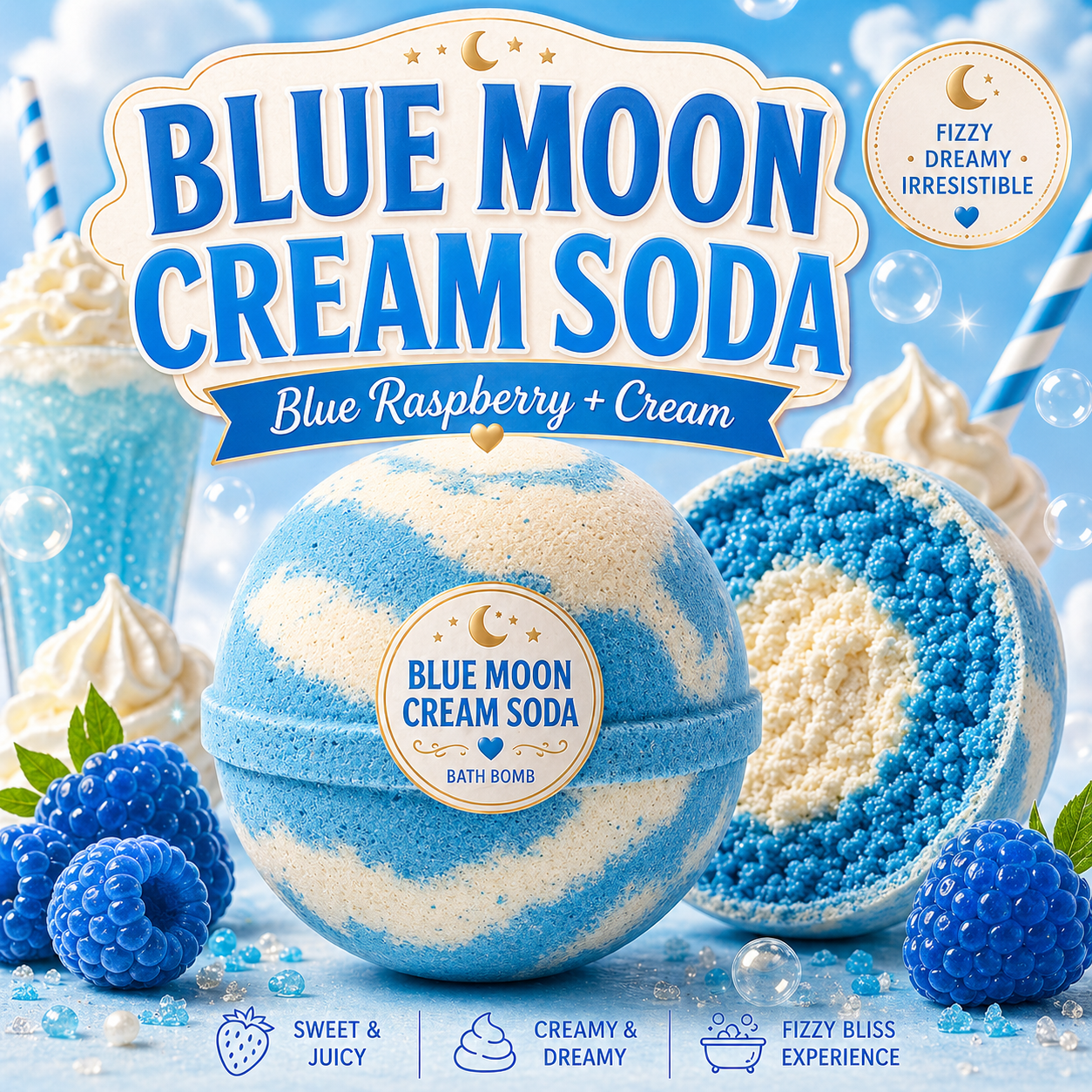 Blue Moon Cream Soda Bath Bomb | Blue Raspberry Cream Fizzy Bath Bomb | Cute Handmade Bath Gift