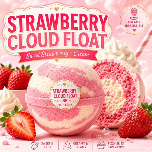 Strawberry Cloud Float Bath Bomb | Strawberry Cream Scented Fizzy Bath Bomb | Pink Handmade Bath Treat Gift